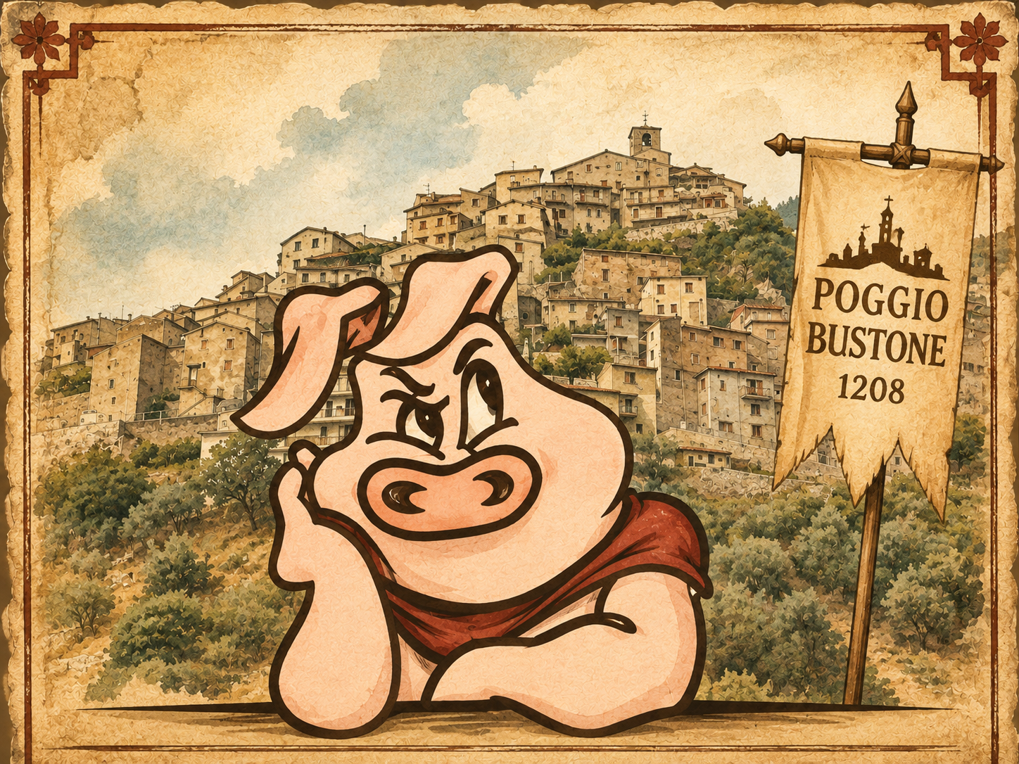 Manifesto della 76ª Sagra della Porchetta e Poggio Bustone 1208