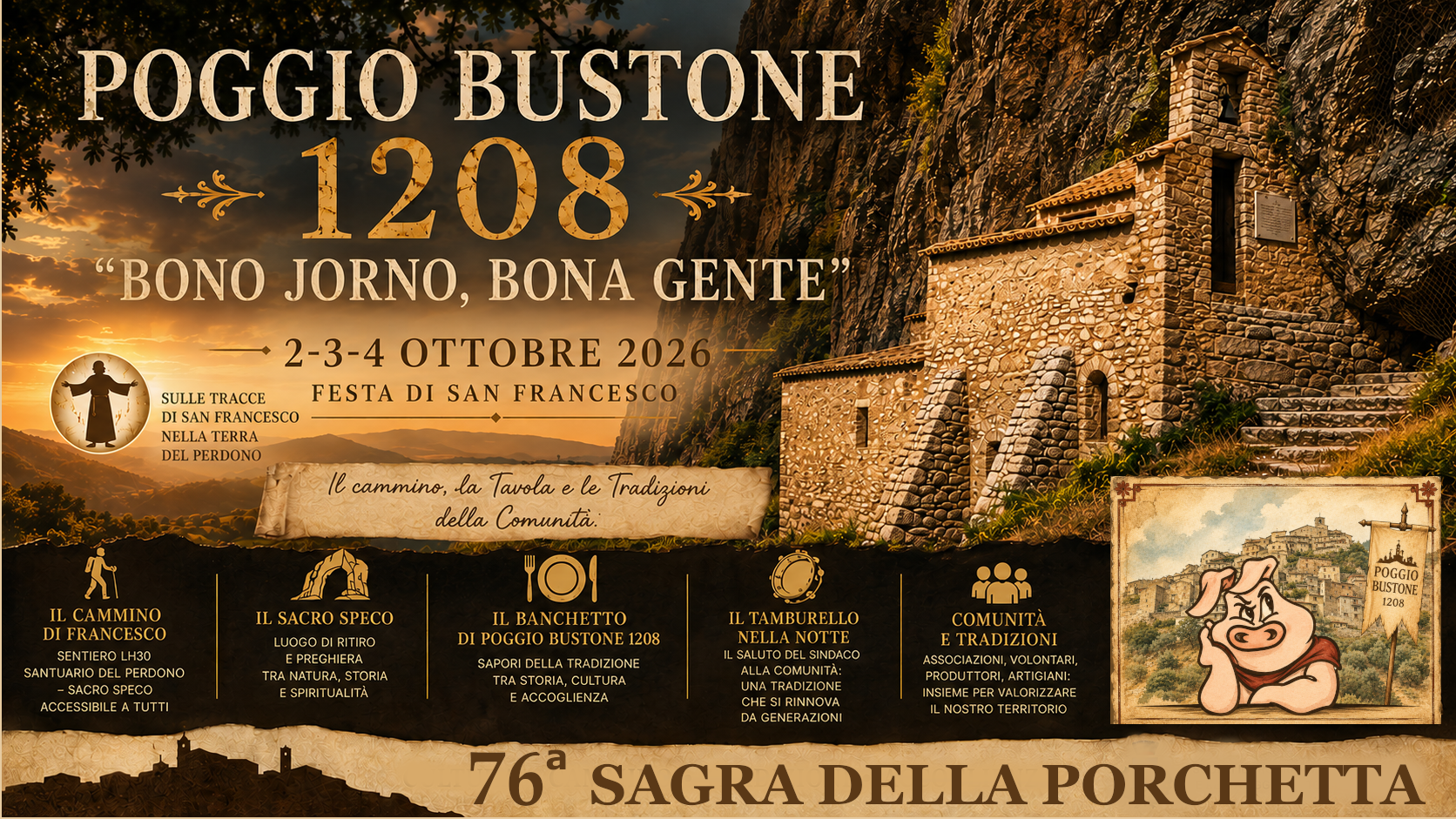 Grafica di Poggio Bustone 1208 con il Santuario